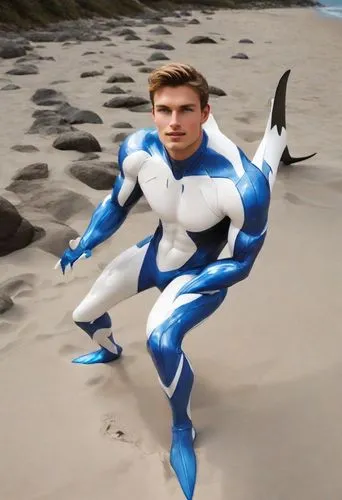 A mistake at the beach.

The guy became blue and white antro shark, a vinyl muscle body suit. The character has an athletic body with blue fins and a tail. The body of character is made of a vinyl tha