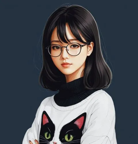 女生，眼镜，黑色毛衣，卡通，日本动漫，动漫，插画，扁平插画,a painting of a girl with black hair wearing a cat sweater,drawing cat,yobi,megane,qianwen,suhi,digital painting,Illustration,Japanese style,Japanese Style 18