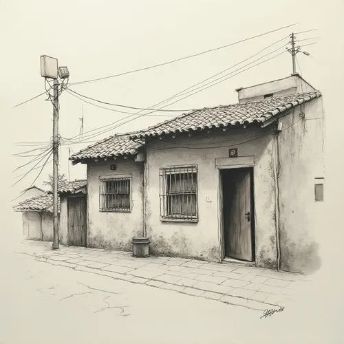 barrios,casitas,huichun,old home,huichang,charcoal drawing