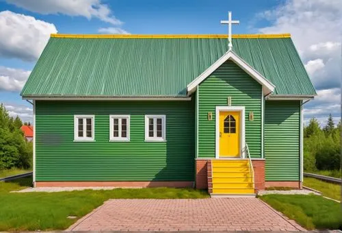 Small church school. Green roof made of corrugated sheet. Walls made of yellow siding. Brick base. Wooden steps. White windows,a church with a green roof and yellow doors,wooden church,little church,h