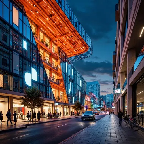 Vibrant transportation hub, bustling atmosphere, modern architecture, sleek metallic structures, dynamic LED lighting, bold color scheme, energetic orange hues, deep blues, bright whites, reflective s