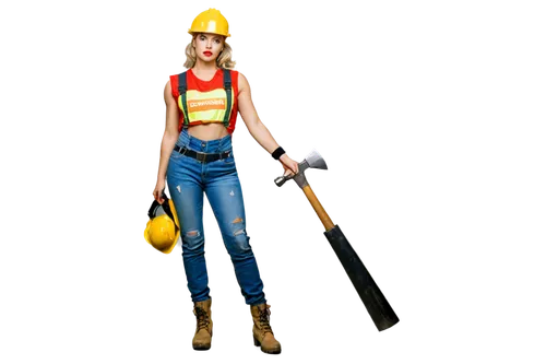 Sexy female construction worker, solo, (25yo), muscular athletic build, messy blonde hair tied back, sweaty glowing skin, bold eyeliner, red lips, yellow hard hat, reflective vest, torn jeans, heavy b