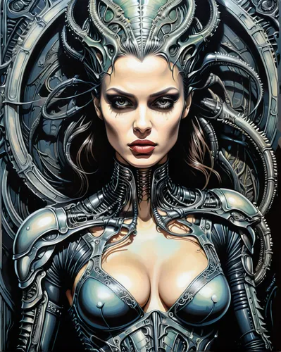 biomechanical,alien warrior,medusa,gorgon,breastplate,the enchantress,sci fiction illustration,fantasy art,cybernetics,fantasy woman,dark angel,medusa gorgon,heroic fantasy,female warrior,goddess of justice,sci fi,warrior woman,head woman,sorceress,bodypaint,Illustration,Abstract Fantasy,Abstract Fantasy 09