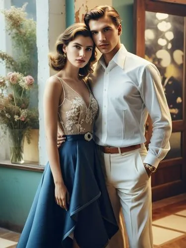 Create an elegant couple in love that will show off your best work.,a man and woman dressed in formal attire posing for the camera,social,vintage man and woman,beautiful couple,vintage boy and girl,fi