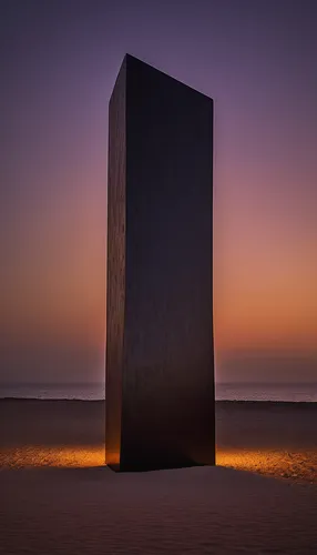 Richard Serra's sculpture, East-West/West-East on...Abrouq Peninsula, after sunset. Qatar,monolith,holocaust memorial,stelae,cube surface,obelisk,megalith,corten steel,steel sculpture,protected monume