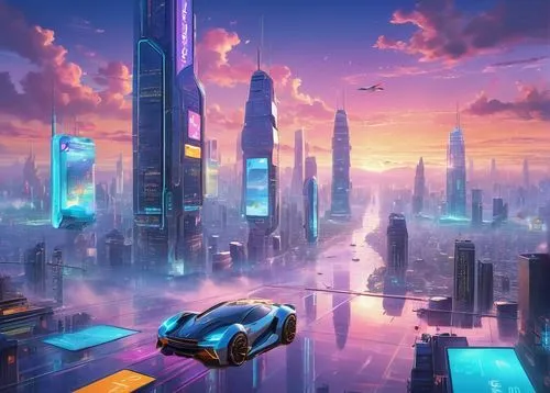 futuristic landscape,futuristic,futuristic car,cityscape,fantasy city,sci fiction illustration,colorful city,sky city,futuristic architecture,cyberpunk,skycraper,sky space concept,skyline,scifi,metropolis,3d car wallpaper,above the city,sci-fi,sci - fi,sky apartment,Illustration,Japanese style,Japanese Style 01