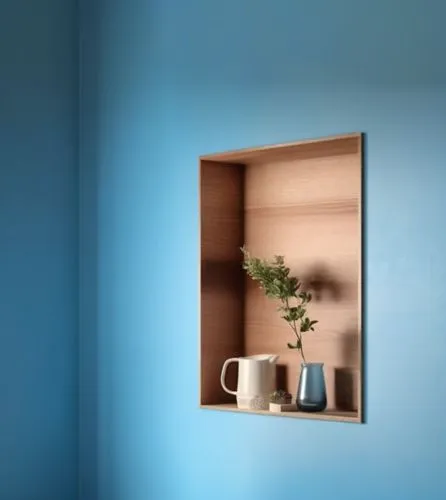 wall with a wooden suspended shelve,the wall is painted blue and shows a vase with a green plant,wooden shelf,empty shelf,wall lamp,shelf,blue room,wood mirror,bookshelf,cupboard,cardboard background,