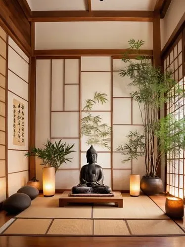 japanese-style room,ryokan,japanese zen garden,ryokans,zen garden,dojo,zen,japanese garden ornament,bamboo plants,tea zen,ikebana,tea ceremony,bonsai,zazen,shrine,kyoto,fengshui,nembutsu,tatami,japanese shrine,Illustration,Abstract Fantasy,Abstract Fantasy 23