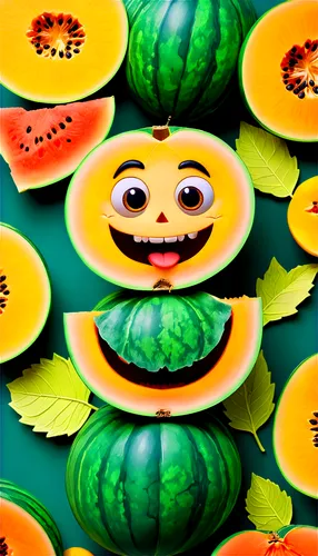 Cartoon melon, green skin, yellow flesh, juicy texture, rounded shape, smiling face, big shiny eyes, colorful leaves on top, vibrant colors, playful expression, 3/4 composition, soft focus, warm light