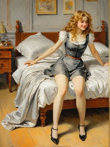 woman on bed,woman sitting,perugini,tissot,mademoiselle,woman laying down,Art,Classical Oil Painting,Classical Oil Painting 42