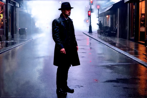 dickensian,samourai,noir,borsalino,jigen,hatter,black hat,greatcoat,detective,bowler hat,film noir,peacoat,black coat,overcoat,smooth criminal,walking in the rain,homburg,pachuco,pharmacopeia,sherlock,Illustration,Retro,Retro 16