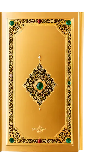 Golden Holy Quran, Arabic calligraphy, intricately decorated pages, Islamic geometric patterns, soft golden lighting, ornate cover with gemstones, velvet texture, open book composition, 3/4 view, shal