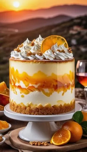 orange cake,citrus cake,mandarin sundae,orange slice,mango pudding,tres leches cake,cassata,mandarin cake,orange cream,zuppa inglese,trifle,citrus bundt cake,valencia orange,gelatin dessert,layer cake,lemon meringue pie,semifreddo,torte,pannacotta,cream cheese cake,Photography,General,Realistic