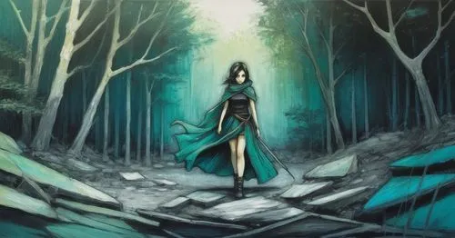 a girl walking through a forest holding an arrow,thingol,kuchiki,fingolfin,elven forest,seregil,mirkwood,kuchel,seelie,alfheim,monowai,unseelie,dryad,noldor,the enchantress,finrod,waver,elven,seimei,a