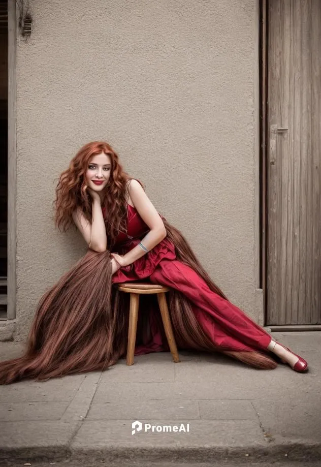 the photography depicts a captivating woman with long, flowing chestnut hair and a fiery red lips. Her long, brown curly hair is brought to life as she sits in a wooden chair in the middle of a bright