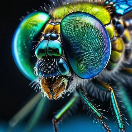 Microscopic view, extreme close-up, dragonfly compound eyes, intricate details, iridescent colors, hexagonal structure, tiny hairs, transparent wings, metallic blue-green body, delicate legs, scientif