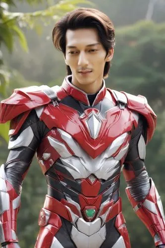 power rangers merah, background taman kota, rambut panjang di ikat, , lagi memegang helmet, sangat tampan,a man with an armor style is posing for a picture,ultraman,ryuki,gaim,zodiarts,dekaranger,shin