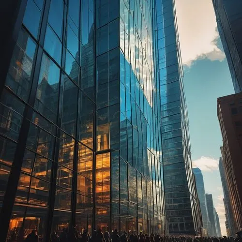 Modern futuristic skyscraper, transparent glass facade, sleek metallic frame, angular lines, reflective surface, cityscape background, busy streets, people walking, sunny day, warm light, high-angle s