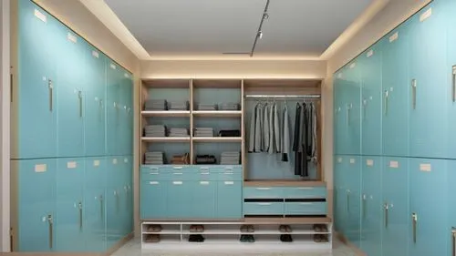 a blue closet has several metal bins and drawers,walk-in closet,lockers,wardrobes,closets,storage cabinet,mudroom,Photography,General,Realistic