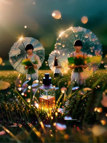 parasols,fairy lanterns,japanese umbrellas,perfume bottle silhouette,digital compositing,3d fantasy,photo manipulation,perfume,playmobil,bokeh effect,umbrellas,fantasy picture,3d render,japanese paper