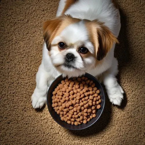 shih tzu,kibble,peanut bulldog,lentil,cavalier king charles spaniel,dog puppy while it is eating,Photography,General,Realistic