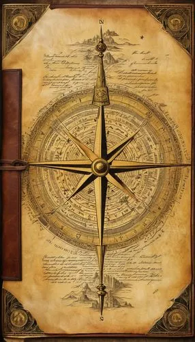 Ancient, worn, yellowed map, creased and torn edges, intricate hand-drawn design, faded ink, ornate compass rose, vintage-style typography, old parchment paper texture, distressed leather-bound cover,