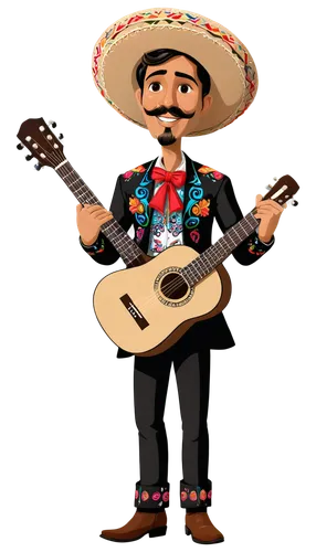 Traditional Mexican musician, solo, mariachi outfit, sombrero, mustache, dark hair, colorful embroidered shirt, black trousers, brown boots, holding guitar, strumming, lively facial expression, warm l