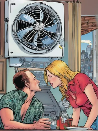 Imagine a romantic comedy where a couple gets caught in a funny and embarrassing situation involving an exhaust fan.,high fidelity,electric fan,laundromat,romantic scene,tony stark,repairman,romance,d