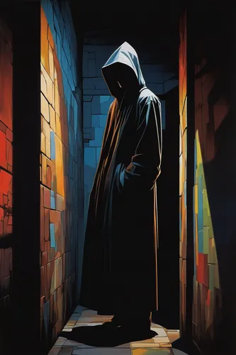 hooded man,doctor doom,cloak,monks,hooded,the abbot of olib,grim reaper,grimm reaper,benedictine,church painting,monk,anonymous,mystery book cover,contemporary witnesses,friar,blind alley,overcoat,assassin,prisoner,twelve apostle,Art,Artistic Painting,Artistic Painting 34