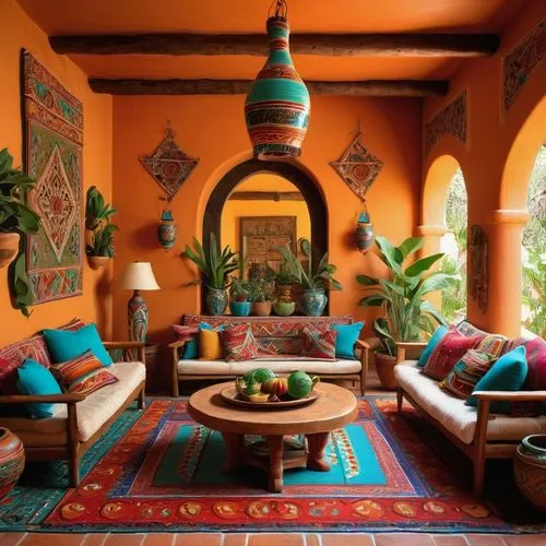 Vibrant Mexican-inspired living room, colorful tile flooring, intricately patterned rug, wooden furniture with ornate carvings, Talavera pottery vases, lush greenery, bold red and turquoise accents, w