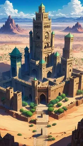 A mysterious city in three towers in a desert.,a very old castle surrounded by mountains and desert,ancient city,kanawa,agrabah,awaya,husseiniyah,diriyah,ganjavi,baqi,sakhir,semidesert,karnak,abdallah