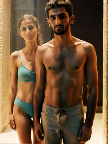 The picture shows a man and a woman in a modern, well-lit interior. ,a young man and a young woman are in bathing suits,vaani,ranveer,hydari,aditi rao hydari,nayantara,wadala