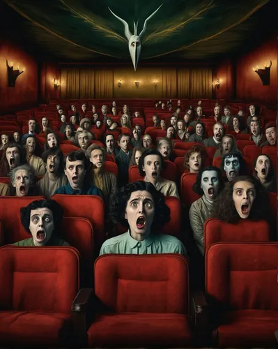 Create a heart-pounding scream movie poster set in a dimly lit movie theater, featuring a scared audience.,audience,cinema seat,cinema,silviucinema,theater,thumb cinema,surrealism,theatrical,astonishm