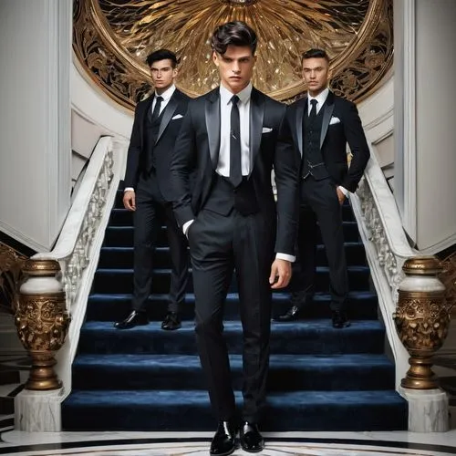 Dovic, Andi, seto, tovya, sagain, handsome muscular man, 25yo, strong jawline, short black hair, blue eyes, sharp facial features, formal wear, white shirt, black tie, black trousers, leather shoes, s