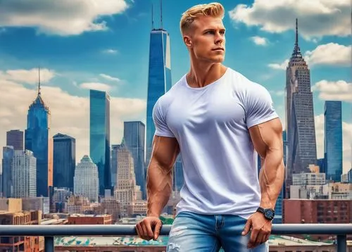 American, muscular man, athletic build, short blond hair, blue eyes, strong jawline, casual wear, denim jeans, white T-shirt, sneakers, standing, relaxed pose, urban background, cityscape, skyscraper,