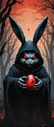 Cursed Easter Bunny, horror, evil, demonic, glowing red eyes, sharp teeth, torn and tattered Easter basket, black hooded cape, holding a bloody Easter egg, dark forest, twisted roots, dead trees, fogg