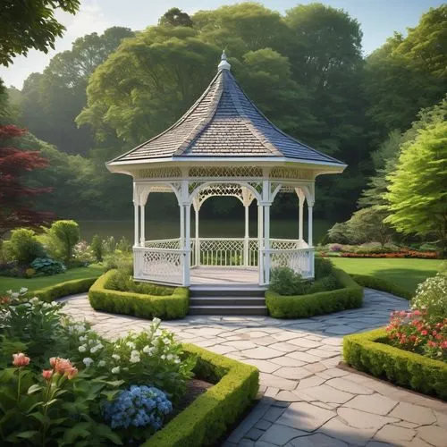 Octagonal gazebo, Victorian-style architecture, intricate wooden details, white pillars, decorative trims, steeply pitched roof, green tiles, ornate finials, lush vines crawling up, natural stone foun