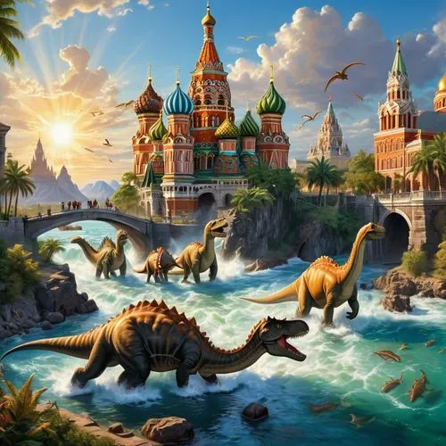 dinotopia,dinosauria,saint basil's cathedral,fantasy picture,russwurm,dinosaurios,Art,Classical Oil Painting,Classical Oil Painting 01