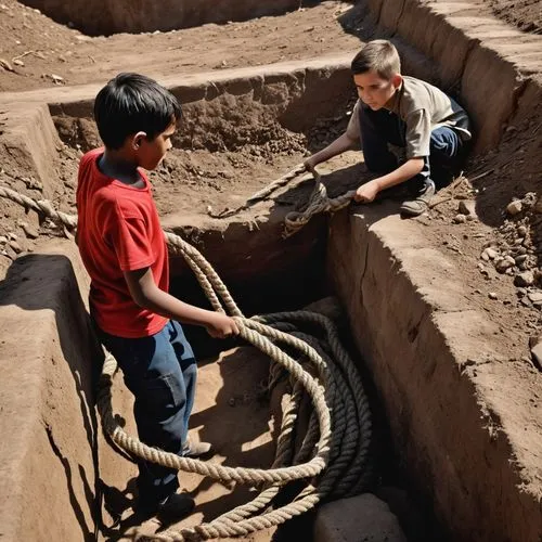 A 10-year-old boy is in a pit, and he is holding a rope, on the edge of the pit there is a 6-year-old boy who is pulling the same rope up in order to get the boy inside the pit out,archaeological dig,