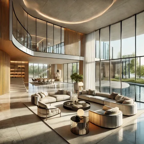 a large, modern living room with circular seats,luxury home interior,modern living room,interior modern design,damac,penthouses,minotti