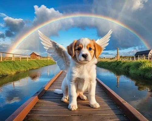 Ein süßes Hündchen (kann hier Hund einfügen), der Hund hat Engelsflügel, steht auf einer Brücke mit einem Regenbogen am Ende und macht sich bereit, zum Regenbogen in den Himmel zu gehen,dog angel,rain