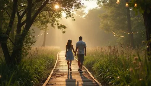 Romantic wetland, sustainable practices, lush greenery, twinkling string lights, wooden boardwalk, gentle mist, serene ambiance, mature couple, 30s, holding hands, walking, soft focus, warm golden lig