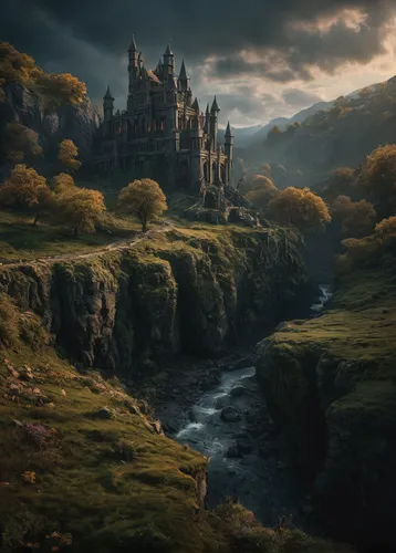 Grim lands.,fantasy landscape,scotland,scottish highlands,hogwarts,fairytale castle,fairy tale castle,fantasy picture,ruined castle,water castle,gold castle,knight's castle,3d fantasy,castles,castle b