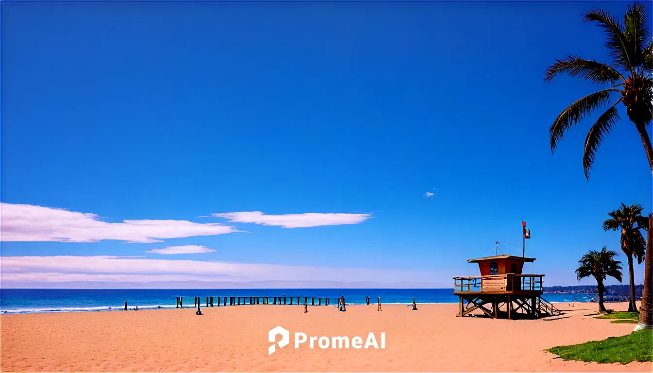 Santa Cruz beach, California, USA, sunny day, clear blue sky, fluffy white clouds, palm trees, beach volleyball net, wooden pier, sailboats, surfboards, lifeguard tower, warm sand, gentle ocean waves,