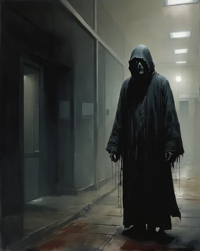 the morgue,grim reaper,hooded man,grimm reaper,vader,sleepwalker,cloak,darth vader,penumbra,sci fiction illustration,outbreak,scythe,concept art,darth wader,reaper,black coat,quarantine,shopkeeper,walking man,overcoat,Illustration,Abstract Fantasy,Abstract Fantasy 18