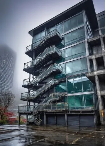 Seattle, modern architecture, industrial design, urban landscape, cityscape, skyscraper, steel frame, glass facade, concrete foundation, intricate piping system, metallic staircase, exposed ductwork, 