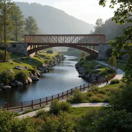 Rustic steel bridge, meandering river, lush greenery, rocky outcrops, natural stone piers, wooden railings, scenic overlooks, pedestrian walkways, cycling paths, vibrant wildflowers, misty morning, so