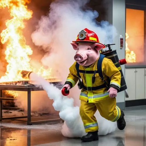 There was a fire on the laboratory table, and the flames were burning. Dressed as a firefighter, a pig rushed to the scene of the fire with a foam fire extinguisher. The white foam spewed out of the n