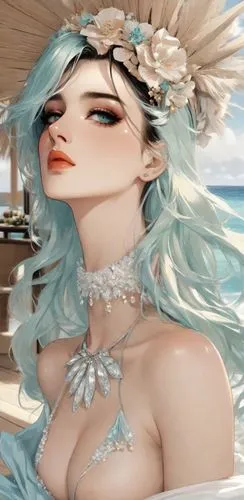 裸體在颱風眼中的海上,a woman wearing a dress and necklace with flower on head,amphitrite,the sea maid,derivable,adere,nereids,mermaid background