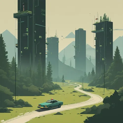 futuristic landscape,post-apocalyptic landscape,industrial landscape,travel poster,road forgotten,sci fiction illustration,mountain road,city blocks,post apocalyptic,pines,city highway,forests,skyscrapers,high rises,refinery,green valley,forest road,street canyon,cityscape,roads,Illustration,Japanese style,Japanese Style 08